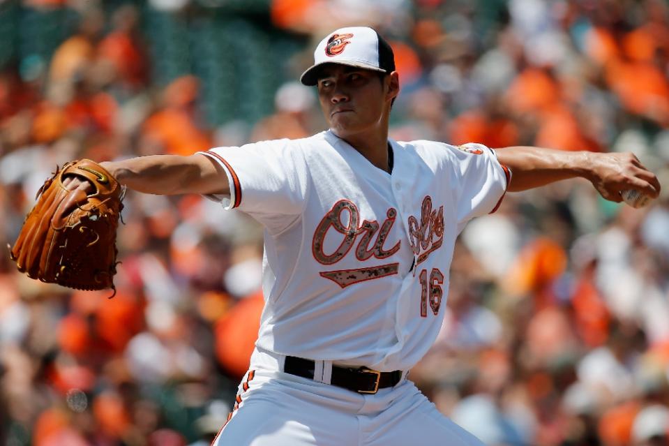 Wei-Yin Chen of the Baltimore Orioles throws to a Houston Astros batter in the first inning, at Oriole Park at Camden Yards