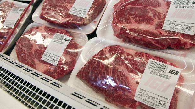 Packaged meat is seen at a grocery store