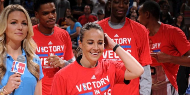 LAS VEGAS, NV - JULY 20:  Head Coach Becky Hammon of the San Antonio Spurs celebrates winning the Las Vegas Summer League Championship against the Phoenix Suns on July 20, 2015 at the Thomas & Mack Center in Las Vegas, Nevada. NOTE TO USER: User expressly acknowledges and agrees that, by downloading and or using this photograph, User is consenting to the terms and conditions of the Getty Images License Agreement. Mandatory Copyright Notice: Copyright 2015 NBAE  (Photo by Garrett Ellwood/NBAE via Getty Images)