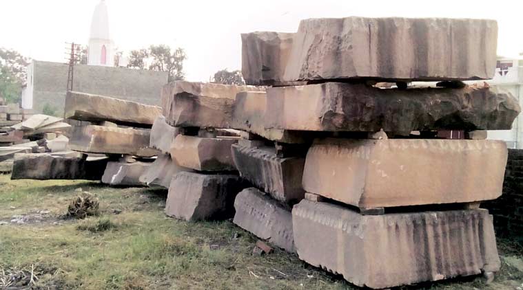 The first batch of stones for the Ram temple, at Ram Sewak Puram in Ayodhya on Monday. (Express Photo by: Vishal Srivastav)